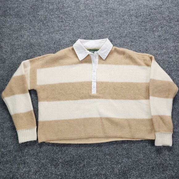 American Eagle Tan/Cream Striped Collared 3/4 Button Up Sweater XS Preppy Boxy - Picture 2 of 16
